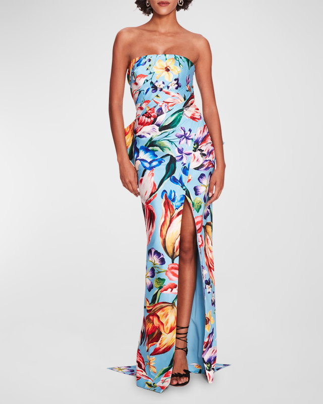 Strapless Pleated Floral-Print Bow-Back Gown